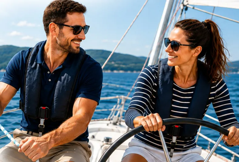 Two adults sailing on a boat