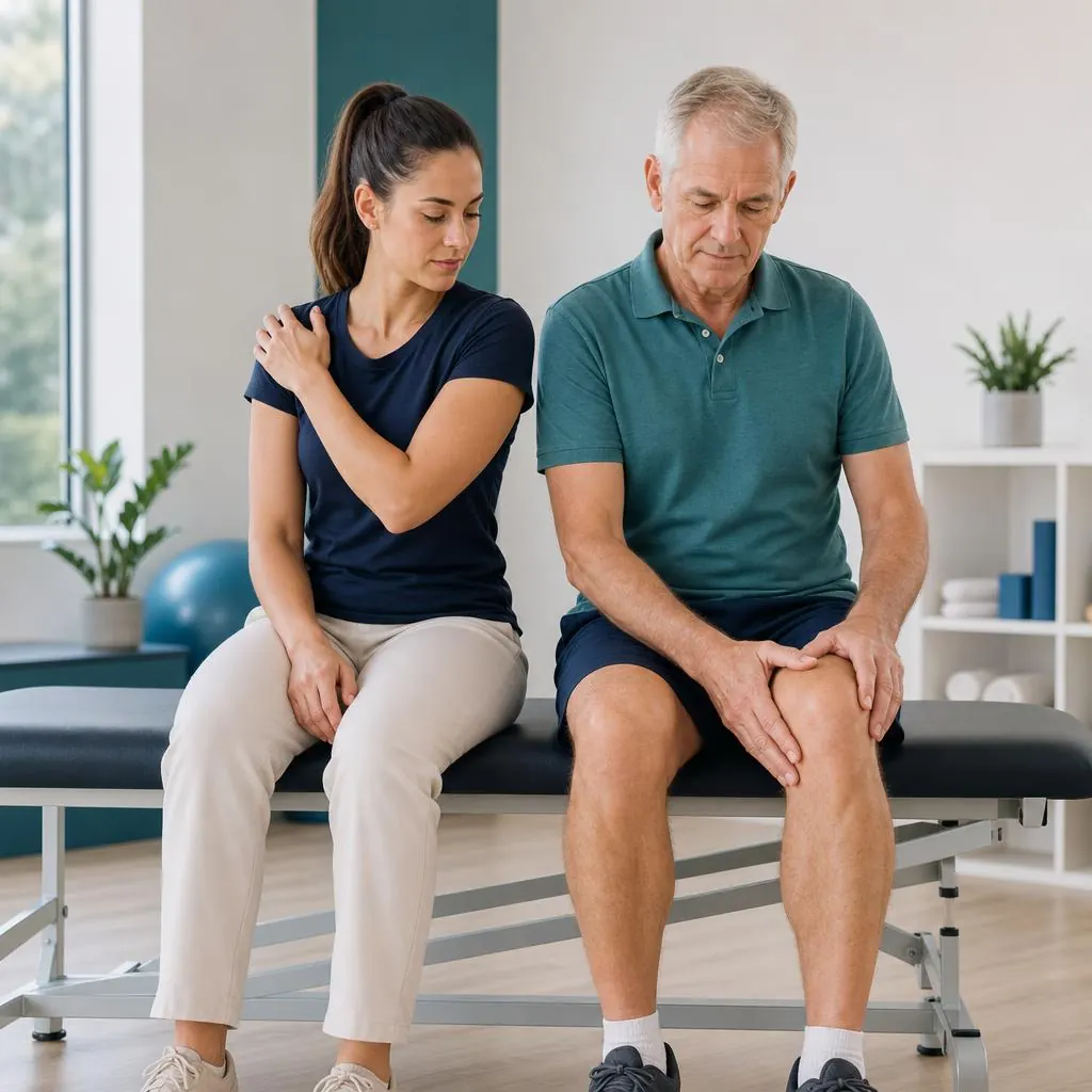 A younger woman holding her shoulder and an older man holding his knee, seated in a clinic